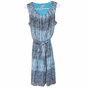 Emma & Michele Blue & Black Abstract Print Belted Midi Dress Size 6